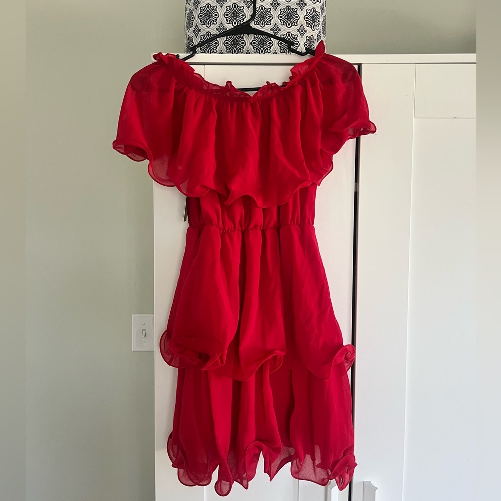 Women’s Red Chiffon Bardot Ruffle Tiered Dress